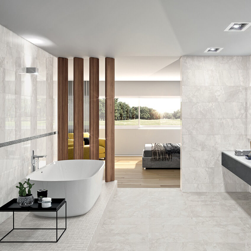 Bathroom tile flooring with bath tub | Holmes Carpet Center