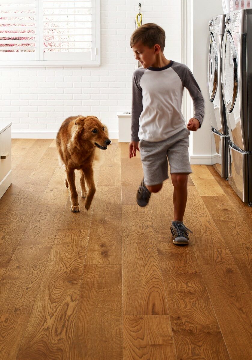Boy and dog running on hardwood flooring | Holmes Carpet Center